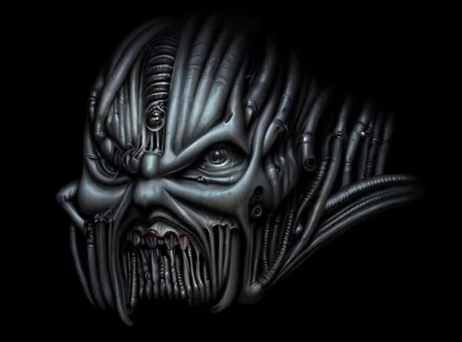 Prompt: Giger self-portrait morphed, McNaughton style