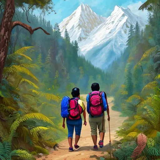 Prompt: A high resolution painting of an Indian man and a chubby woman trekking through the forest with backpacks. Snow capped mountain s are in the distance. The forest is dense and beautiful. 