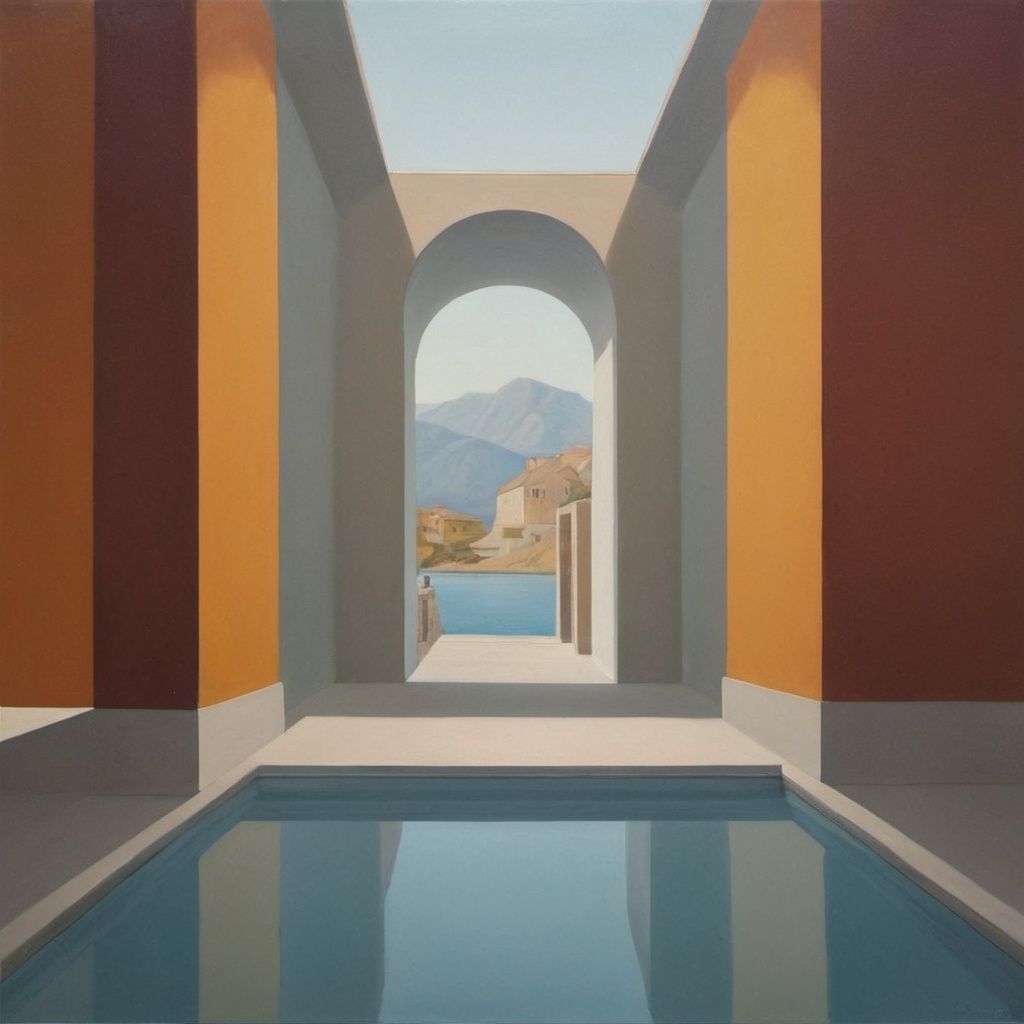 Prompt: a painting of a pool in a building with a mountain view in the background