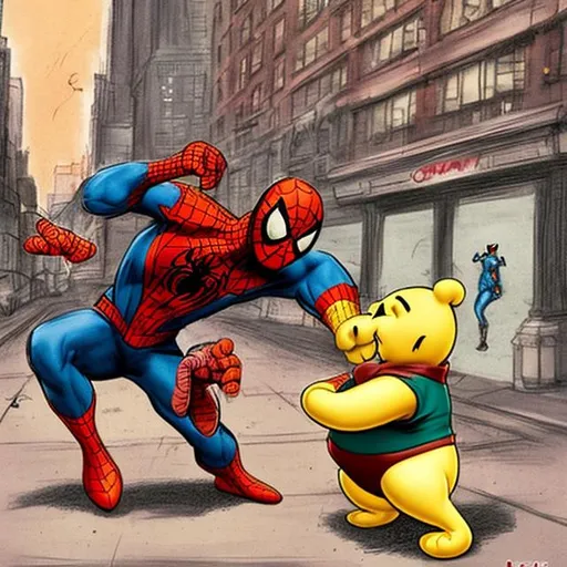 Prompt: Spiderman fighting pooh in new york