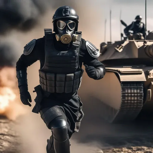 Prompt: A modern roman military male in black military roman armor, and gas mask, running, background sci fi war tanks, Hyperrealistic, sharp focus, Professional, UHD, HDR, 8K, Render, electronic, dramatic, vivid, pressure, stress, nervous vibe, loud, tension, traumatic, dark, cataclysmic, violent, fighting, Epic