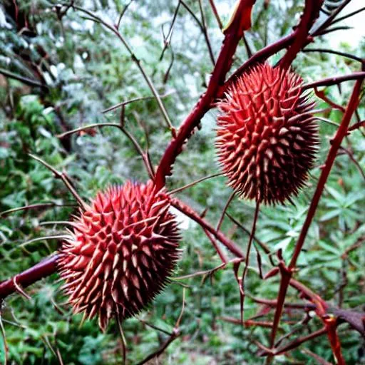 Prompt: red thorny fruit
thorns are big like durian
dark setting