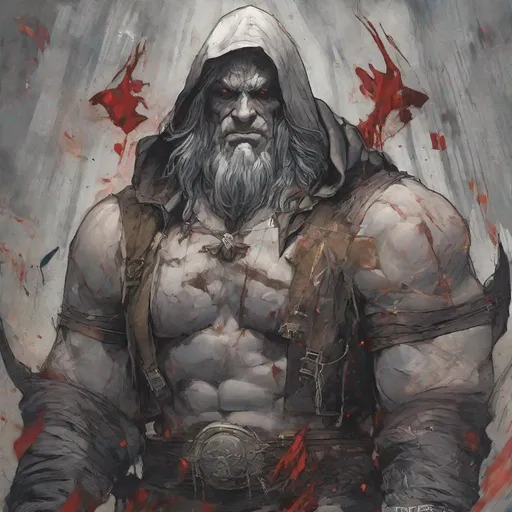 Prompt: Tall, Intimidating, Large, male, Solomon Grundy/goliath D&D build, black hair,  very dark grey scarred skin, covered in bandages, dark tattered cloth armor exposes his midriff, hood of magical darkness that completely shrouds his face with a mask of darkness, large red gem between pecs in chest, Path of the Zealot Barbarian, Strong, wielding large two-handed great-axe, Fantasy setting, D&D, Dead clerics around him, undead, zombie