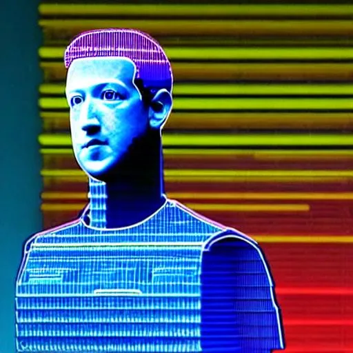 Prompt: A breathtaking sculpture of (Mark Zuckerberg) made out of recycled Facebook data, magic, tron, Johnny mnemonic, vaporwave, glitch art