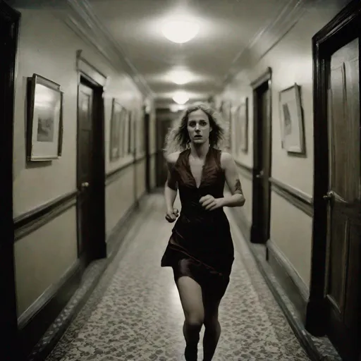 Prompt: Film noire Kodak portra 4 0 0, wetplate, fisheye, award - winning
portrait by britt marling, 1970s, beautiful woman running and looking over her shoulder, scared, in short skirt, in a dark, gloomy, victorian hotel  corridor
