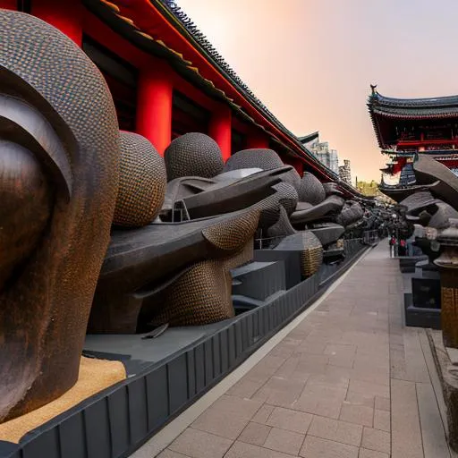 Prompt: The Asakusa district With Modernised African large art sculpture incorporated created with African minerals, volumetric natural light, ultra realistic