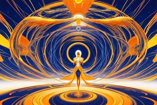 Prompt: a person that is standing in a room, psytrance artwork, white and gold color palette, orange, panfuturism, gold body, vanishing point perspective, the flow of time. complex shapes, hypnotic dimensions, spiraling upward, winning award piece, fulldome	