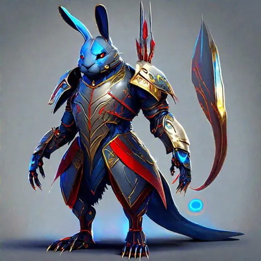 Prompt: Bipedal creature resembling a rabbit, steel armor, steel shell, glowing gold eyes, blue wire tail tipped with red, masterpiece, best quality, in magical style