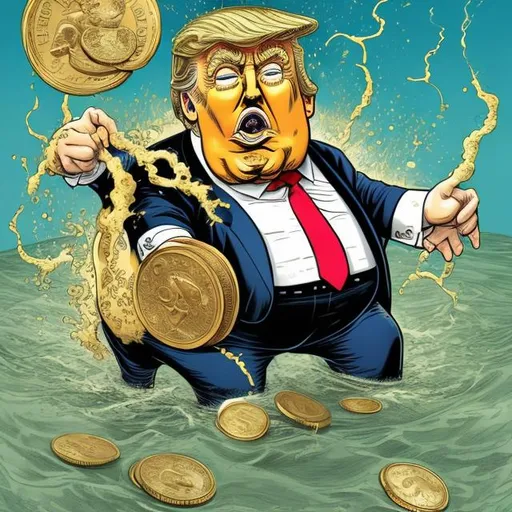 Prompt: Swirling the drain, Obese, Trump swimming in gold coins and green dollar notes, too long red tie, navy blue suit, Dagobert Duck Safe scene,  Sergio Aragonés MAD Magazine style 