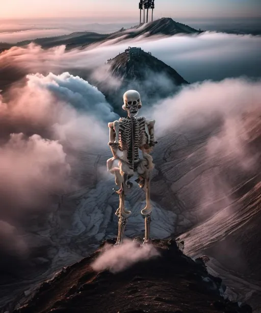 Prompt: skeleton facing away standing on a mountain overlooking a sea of smoke