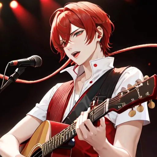 Prompt: Zerif 1male (Red side-swept hair covering his right eye) singing and playing the guitar on stage, UHD, 8K, highly detailed