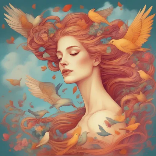 Prompt: A colourful and beautiful Persephone, with hair made of cloud, with birds in flight around her in a painted style