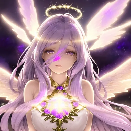 Prompt: gorgeous Halovian girl, (long light lavender hair), (golden floral and starry halo), (gorgeous white wings), gentle facial features, stunning ombre eyes, ethereal aura, softly glowing, delicate and dreamy expression, warm magical ambiance, luminous background with twinkling stars, ultra-detailed, high quality, enchanting atmosphere.