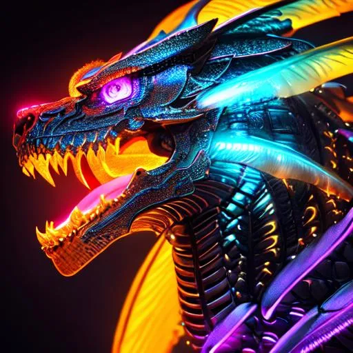 Portrait Of A Roaring Neon Skeleton Dragon With Irid 