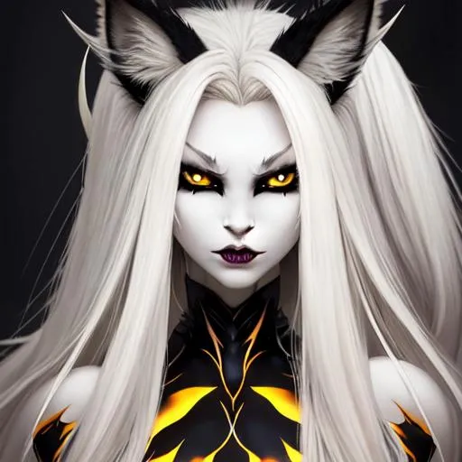 Prompt: full body pose , vixen, demon girl, black sclera, yellow cat eyes, big gray lynx ears, big wide blonde spiky fluffy very long hair, pale skin, sharp jaw, hyperrealistic eyes, hyperrealistic nose, hyperrealistic lips, ethereal, divine, goddess