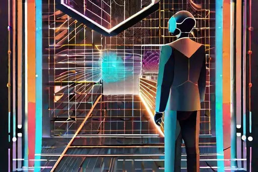 Prompt: Formed by intricate lines and shapes, an AI agent stands as the main subject. Surrounded by a network of nodes and connections, it navigates a virtual environment guided by a policy gradient-based training algorithm. Graphs and charts symbolize the processed data, while the agent dons a futuristic suit with glowing accents and augmented reality glasses. The image style is sleek, modern, and vibrant, capturing the intense and focused atmosphere of the training process.