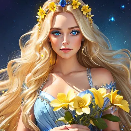 Prompt: Pixie dust princess, long blonde hair, sapphire eyes, yellow flowers in her hair,  facial closeup