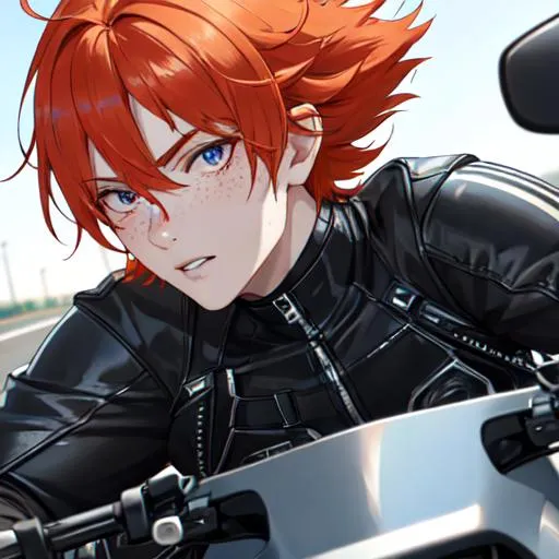 Prompt: Erikku male (short ginger hair, freckles, right eye blue left eye purple) muscular, riding a motorcycle. UHD, 8K, Highly detailed, wearing biker gear, driving on the freeway, close up shot of the motorcycle, insane detail, best quality, high quality