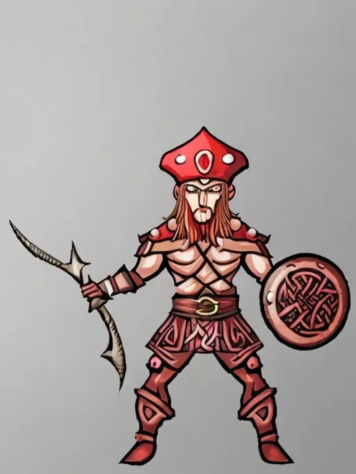 Prompt: Red Celtic warrior, mushroom / oak forest background.