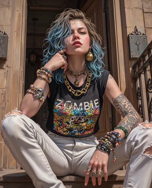 Prompt: This is a zoomed in closeup, highly detailed, digital illustration in a semi-realistic style with natural proportions and features. The subject is a closeup of a young age18 teenage woman with vibrant blue and brown hair, styled in a messy, side-swept manner. She has fair skin and striking blue eyes, with a subtle blush on her cheeks. She is seated in a front doorway of a townhouse, leaning slightly forward, giving a shy, embarrassed and somewhat defiant expression as she blushes towards the viewer.

She is wearing a black, sleeveless, graphic t-shirt featuring a colorful, abstract design with the word "Zombie" in white letters. Her outfit includes white, ripped jeans with multiple rips and tears, revealing patches of skin. She has multiple accessories: large gold earrings, a thick gold chain necklace, numerous rings on both hands, and several bracelets adorned with colorful beads and charms. Her left arm, which is visible, has a tattoo of a skull.

The background, partially visible beyond her image suggests an old, ornate building with wooden doors and intricate ironwork balconies. The lighting is warm, casting soft shadows that enhance the depth and texture of the image. The overall pastel color palette includes warm browns and golds, contrasted with her vibrant hair and the black and white of her shirt. The image focuses on the girl, combines elements of punk and gothic fashion with a touch of fantasy.