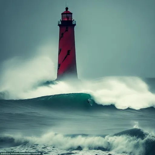 Prompt: The hurricane's fury reveals buried skulls of dead pirates. As colossal waves rage, surfboards are lost in the chaos. The lighthouse's beam fights the storm, creating a haunting spectacle of nature's power