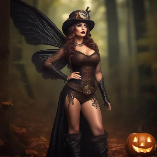 Prompt: Wide angle. Whole body showing. Detailed Illustration. Photo real. Very realistic. A beautiful, buxom woman with broad hips. Colorful, glowing bright eyes,  standing in a forest by a sleepy town. Shes a Steam Punk Witch, a Winged Fairy, with a Skimpy, sheer, flowing outfit. On a colorful, Halloween night. 