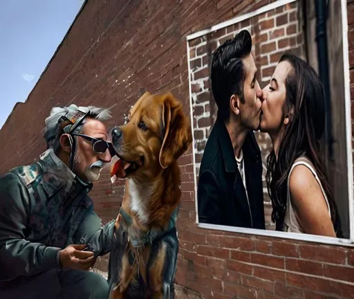 Prompt: Blind Man with crisp facial features being licked by a dog in front of a brick wall with a kissing poster