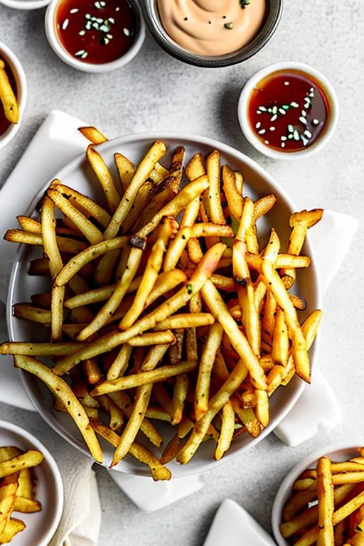 Prompt: waffle potato fries and dipping sauce