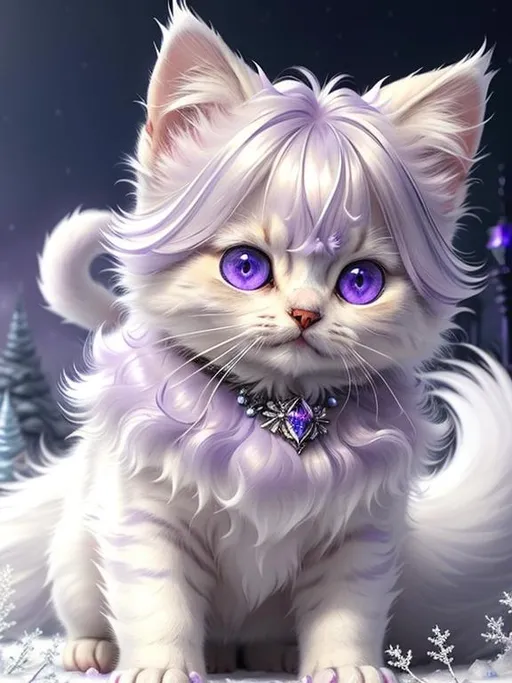 Prompt: (masterpiece, professional oil painting, epic digital art, best quality:1.5), tiny ((kitten)), ice elemental, silky silver-lilac fur covered in frost, timid, ((insanely detailed alert amethyst eyes, sharp focus eyes)), gorgeous 8k eyes, fluffy silver neck ruff covered in frost, two tails, (plump), extremely beautiful, fluffy chest, enchanted, magical, finely detailed fur, hyper detailed fur, (soft silky insanely detailed fur), presenting magical jewel, moonlight beaming, starry sky, frolicking in frosted meadow, grassy field covered in frost, cool colors, professional, symmetric, golden ratio, unreal engine, depth, volumetric lighting, rich oil medium, (brilliant auroras), (ice storm), full body focus, beautifully detailed background, cinematic, 64K, UHD, intricate detail, high quality, high detail, masterpiece, intricate facial detail, high quality, detailed face, intricate quality, intricate eye detail, highly detailed, high resolution scan, intricate detailed, highly detailed face, very detailed, high resolution