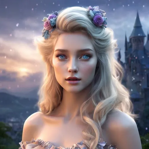 Prompt: 4k 3D professional modeling photo live action human woman hd hyper realistic beautiful english woman blonde hair fair skin blue eyes beautiful face blue white and black dress black headband enchanting mystical wonderland landscape hd background with live action magic full body teaparty