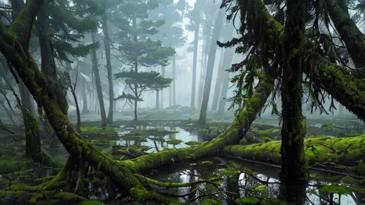Prompt: pine forest with fog, fallen tree, moss, pond, photorealistic