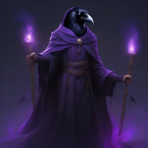 Prompt: anthropomorphic, raven, realistic, human proportions, glowing purple eyes, dark room, cool colors, dark magic, long robe, magic staff, medieval, high definition, professional