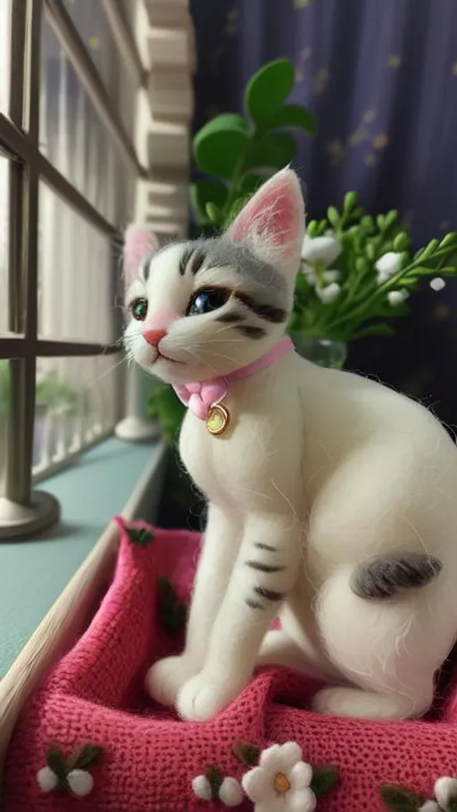 Prompt: Disney Pixar style needle felted cute kitten, highly detailed, fluffy, intricate, big eyes, adorable, beautiful, soft dramatic lighting, light shafts, radiant, ultra high quality octane render, daytime forest background, field of flowers, bokeh, hypermaximalist