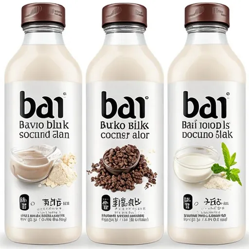 bai logo, chocolate milk, white chocolate (left), mi...