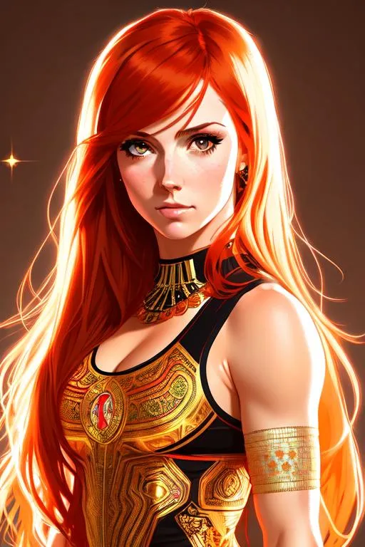 Prompt: Upper body portrait of Cute girl Becky Lynch, red long hair, tan skin, wrestling gear, intricate, detailed face. by Ilya Kuvshinov and Alphonse Mucha. Dreamy, sparkles