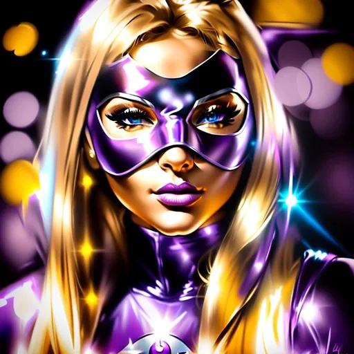 Prompt: Silky Sally. A real-life superhero. BEautiful. Streetwise. We see her blond hair. We see her nose and her lips.She wears a purple domino mask.