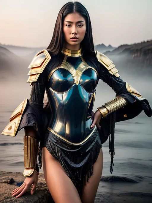 Prompt: splash art, hyper detailed, hyper realistic, highly detailed, dark, surreal heavy mist, floating at the edge of the Universe, on an alien planet, 

create a computer generated exquisite, beautiful, ultra realistic young adult Asian hologram of a female Time Lord,  wearing highly detailed and obsidian and gold armor,

Gorgeous detailed facial features, long legs, vibrant sumptuous, perfect body, ultra pale, visible midriff, heavy iron collar, 

Perfect studio lighting, perfect shading. HDR, UHD, high res, 64k, cinematic lighting, special effects, hd octane render, professional photograph, trending on artstation, .