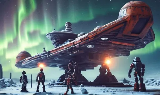 Prompt: huge old rusty spaceship getting repaired  by robots ice planet sparks fire welding people working aurora many colours   guard drinking milk enhance detail turret on spaceship real soldier 