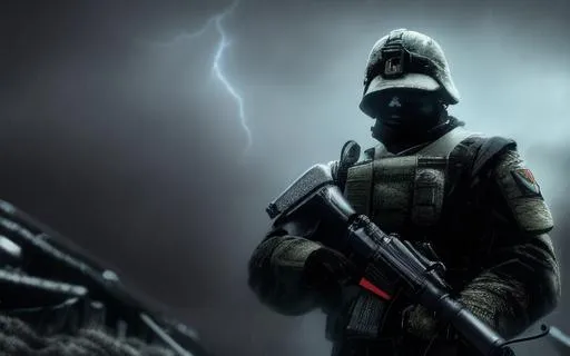 Prompt: HDR, professional, 8k, best version, masterpiece, A bleeding army soldier wearing leaning against a wall in the rain, storm, cold