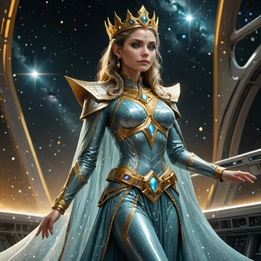 Prompt: (full-body pose), (intergalactic wizard queen), regal silver and gold attire adorned with shimmering jewels, standing confidently aboard her majestic star destroyer, vibrant cosmic colors filled with stars surrounding her ship, high-tech bridge with glowing controls, powerful and commanding ambiance, (ultra-detailed), (4K), dramatic lighting highlighting her presence, celestial background enhancing the sense of vastness in space.