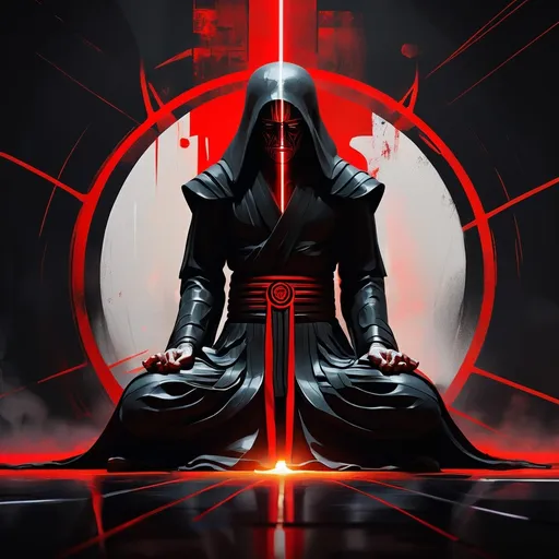 Prompt: Abstract Expressionism scheme, 4k, Sith kneeling in meditation before battle