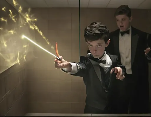 Prompt: 13 year old boy in a tuxedo cast a magic spell on someone in a bathroom stall with his magic wand  from the outside. Do not show the inside of the stall. Just show the boy in his tuxedo pointing his magic wand and casting the spell on the stall that has crazy magic dust spewing out of the top every wich way