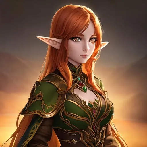 Prompt: portrait of female elf with dark ginger hair, with a beautiful face, amber eyes, sunset woodlands, perfect composition, hyperrealistic, super detailed 8k, high quality, trending art, sharp focus, studio photo, intricate details, highly detailed 