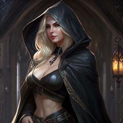 Prompt: Game art, fantasy, Beautiful busty seducer, goth, (crop top:1.5), barely clothed, blond hair, pale skin, hooded cloak, full body, 4k