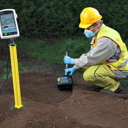 Prompt: Show an image of a technician wearing appropriate safety gear (such as a hard hat and safety vest) conducting a measurement of soil resistivity with a telurometer through the wenner four pin method. They could be using a ground resistance tester or other testing equipment. Ensure that the surroundings are well-lit, highlighting the professional nature of the maintenance task.