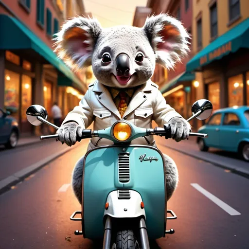 Prompt: Pixar-style illustration of a Koala in a white leather jacket, driving a Vespa, vibrant and whimsical, low quality, detailed linework, playful and charming, iconic characters, bright and lively color palett, adorable and charming, whimsical details, vibrant colors, atmospheric lighting