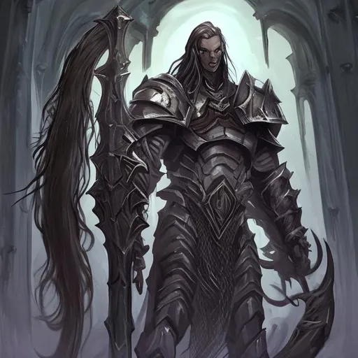 Prompt: goliath pretty face male eldritch knight long hair