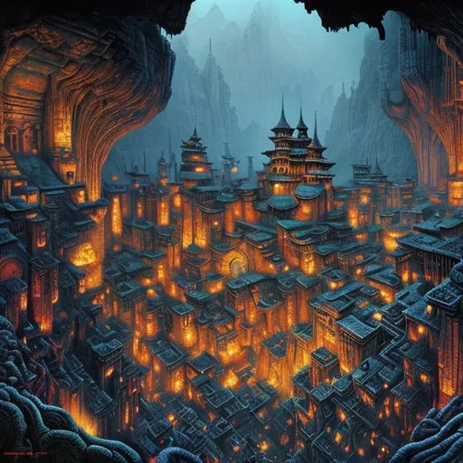 Prompt: Landscape painting, dwarven city carved in a mountain cave, dull colors, danger, fantasy art, by Hiro Isono, by Luigi Spano, by John Stephens