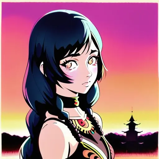 Prompt: Naomi Scott wearing tribal cueitl, tribal village background, pet baby dragon, very anime!!! anime!! intricate details, aesthetically pleasing pastel colors, long black to brown fade hair, sunset poster background, art by conrad roset and ilya kuvshinov, pop art 