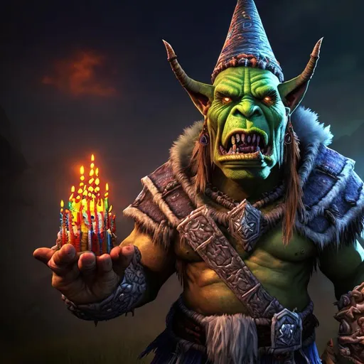 Prompt: Orc shaman in World of Warcraft style wearing a party hat, holding a birthday cake, detailed orc facial features, realistic 3D rendering, vibrant and celebratory, high quality, fantasy, birthday celebration, vivid colors, magical lighting, detailed textures, festive atmosphere